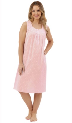 Marlon 100% Cotton Dobby Swiss Dot Woven Cotton Range With Lace Trim Sleeveless Nightdress